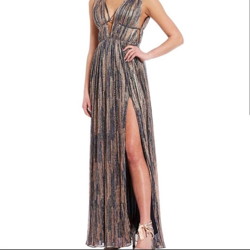 Gianni Bini metallic deep v cutout gown
